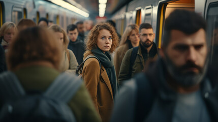 Anonymous Echoes The Metropolitan Journey of a Woman Blending Seamlessly into the Blurred Crowd in the Subway's Urban Tapestry