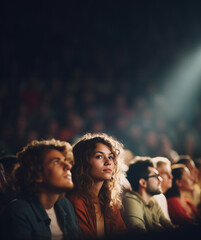 A crowd of people listening to a presentation in a conference hall - obrazy, fototapety, plakaty