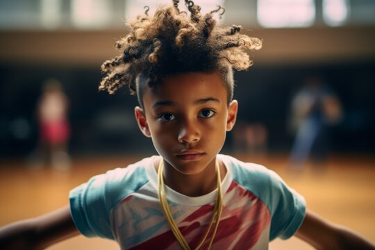Close-up portrait photography of a focused kid male doing rhythmic gymnastics in an empty room. With generative AI technology