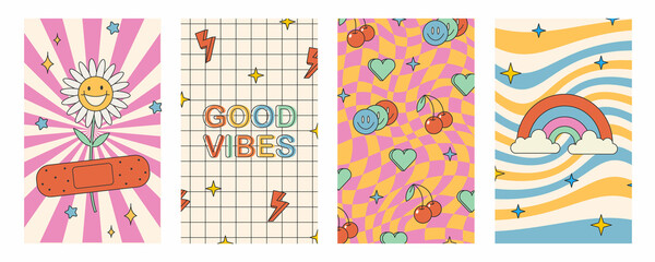 Groovy hippie 70s posters. Funny cartoon flower, rainbow, love, daisy etc. cards in trendy retro psychedelic cartoon style. colorful backgrounds. Flower power. Choose happy.