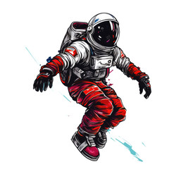 Astronaut rides on skateboard through the space. jump on space, playing skateboard Vintage logo badge