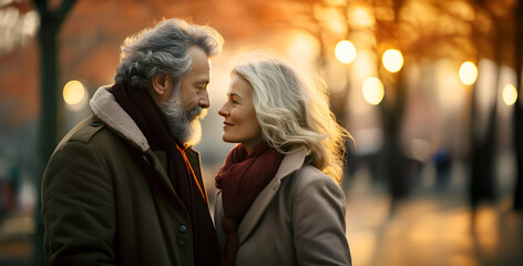 Obraz premium A mature couple in profile, face to face in the park at sunset