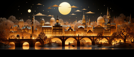 A paper city with internal illumination. Handmade diarama. Evening, illuminated streets.