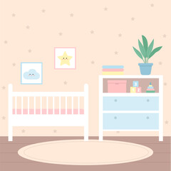  Baby room interior. Bedroom  with cot bed, furniture, carpet, floor lamp. Vector illustration.