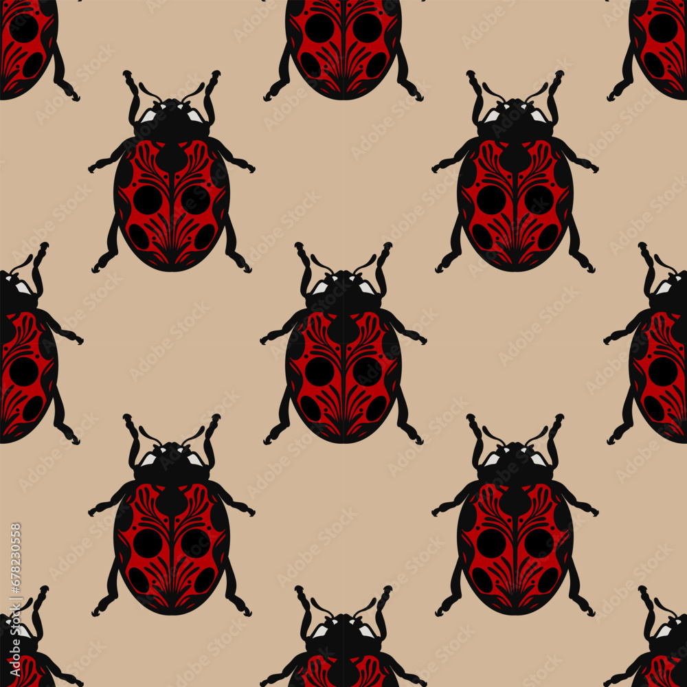Poster red ladybug seamless repeat pattern, insect illustration repeating background decorated beetle