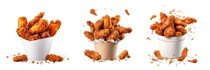 Set of Fried chicken flying on paper bucket isolated on transparent or white background