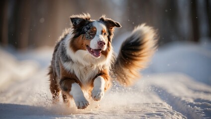 Active dog Australian Shepherd running and playing in the snow on the nature. Ai Generative