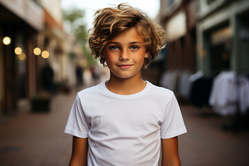 Fototapeta premium boy wearing bella canvas white shirt mockup, Design t-shirt template, print presentation mock-up