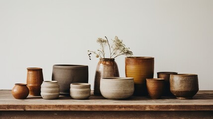Generative AI, crafted pottery, still life of hand made pottery and ceramic bowls, hobby and leisure concept - obrazy, fototapety, plakaty