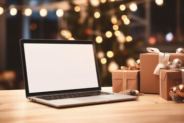 Laptop with blank screen on wooden table in front of christmas tree.