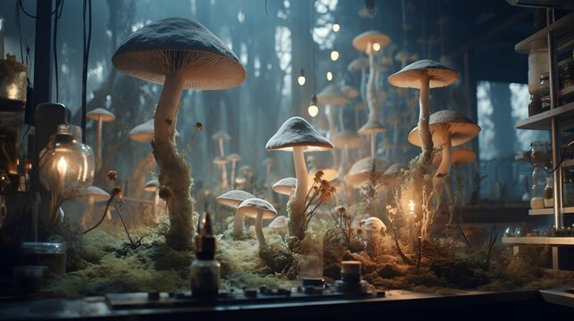 Mycology research in the laboratory. Generated AI