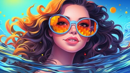 an anime girl with sunglasses is floating in the ocean. Fantasy concept , Illustration painting.