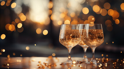 Three champagne glasses on a beautiful orange blurred bokeh lights background. - obrazy, fototapety, plakaty