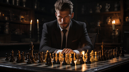 Businessman playing chess game Light at chess. - obrazy, fototapety, plakaty