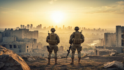 Two soldiers after the battle at sunset. Generative Ai.