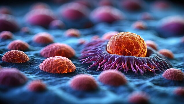 Cancer cells observed under a microscope. Scientific image cancer medicine chemistry and biology.. Generated with AI