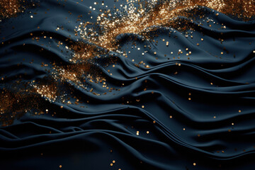 A captivating backdrop emerges, adorned with dark blue and gold particles.  Generative Ai.