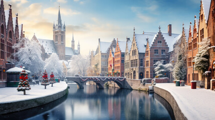 Fototapeta premium A cozy winter town decorated for Christmas