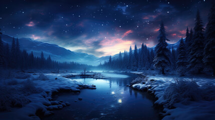 A winter landscape with lots of snow at night with northern lights in the sky