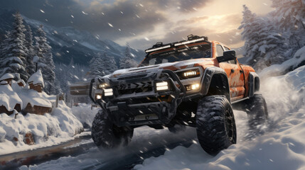 An off-road vehicle with large tires drives through the snow in the mountains