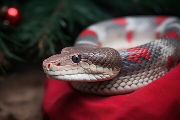 Obraz premium Christmas snake in Santa hat. Snake in Christmas hat looks at place for text. Symbol of the year. chinese horoscope. Calendar. New year 2024. Holiday, december, Merry Christmas, Happy New Year