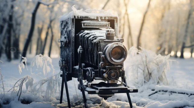 An old vintage camera in winter