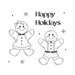 Christmas set of doodle elements. Hand drawn Christmas graphics. stock illustration on isolated white background. Christmas card with gingerbread men and girl lattering.