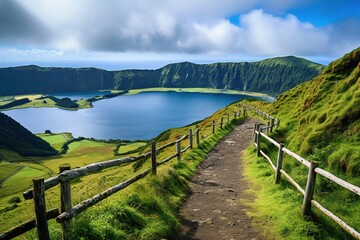 Fototapeta na wymiar Walking path to the lake in the mountains, Azores, Portugal