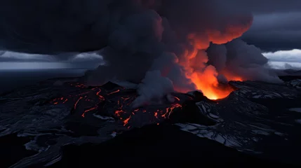 Foto auf Alu-Dibond éruption volcanique avec coulée de lave sur les terres gelées d'Islande © Sébastien Jouve