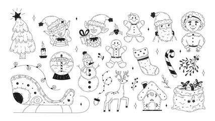 Christmas set of doodle elements. Hand drawn Christmas graphics. Set with candies, gift boxes for gift tags, labels, cards, invitations. stock illustration on isolated white background.
