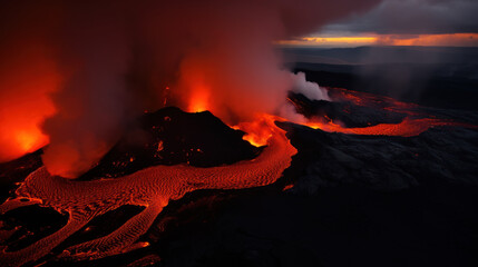 éruption volcanique avec coulée de lave sur les terres gelées d'Islande - obrazy, fototapety, plakaty