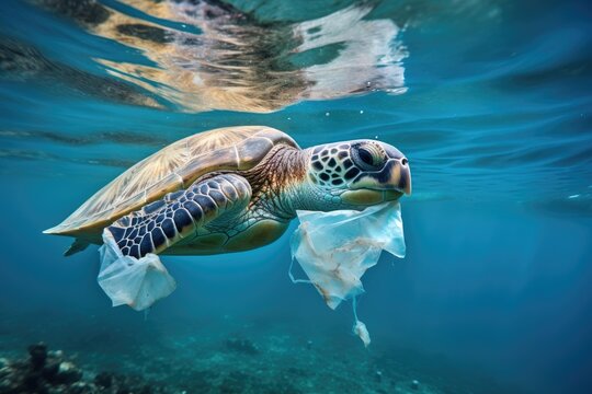 Sea turtle eats plastic bag and plastic waste in the water, environmental problems, water pollution