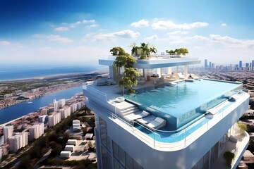 swimming pool on the roof deck of the villa. generative ai