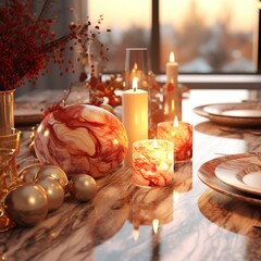 A festive autumn dinner table setting with pumpkins, candles, ready for a Thanksgiving feast, Christmas feast, Happy new year feast 