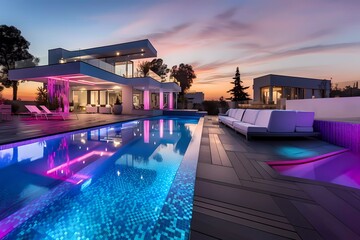 swimming pool in modern villa with colored led lights on dusk background. generative ai - obrazy, fototapety, plakaty