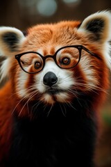 Portrait of himalayan red panda wearing eyeglasses closeup. Back to school and education concept. Smart cat