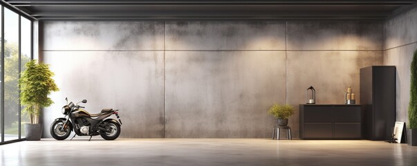 A high-definition image of a modern concrete garage interior with a mock-up space and blurry walls,...