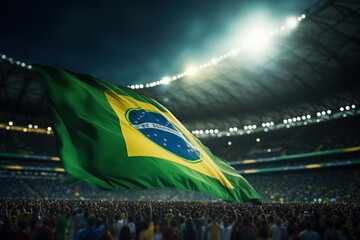 The Brazilian flag adorning a soccer stadium during a thrilling match. Concept of sports and national identity. Generative Ai.
