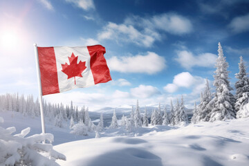 The Canadian flag flying over a pristine snow-covered landscape. Concept of winter beauty and natural wonders. Generative Ai.