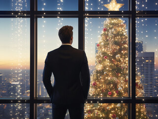Fototapeta premium Business people stand in their offices in skyscrapers at Christmas 