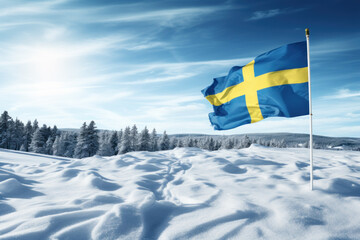 The Swedish flag on a snowy slope, marking the start of a cross-country ski race. Concept of winter sports and endurance. Generative Ai.