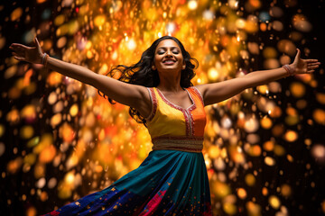 Portrait of a happy Indian woman dancing wearing a colourful dress. Traditional celebration - obrazy, fototapety, plakaty