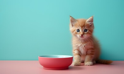 Adorable Dining Companion: Cat, Blue, and Red Bowl