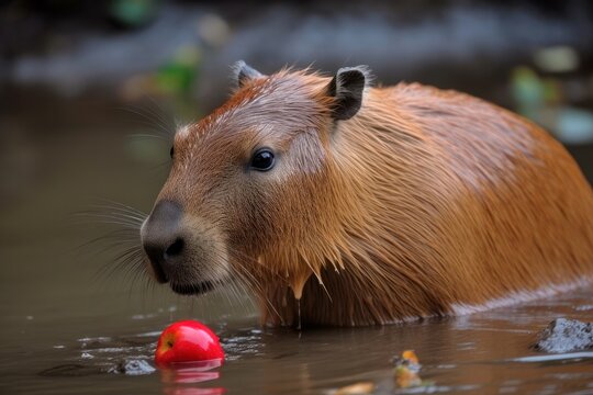 portrait of a capybara (Hydrochoerus hydrochaeris) swimming in the water, the largest rodent in the world. A cute furry capybara swimming in a lake
