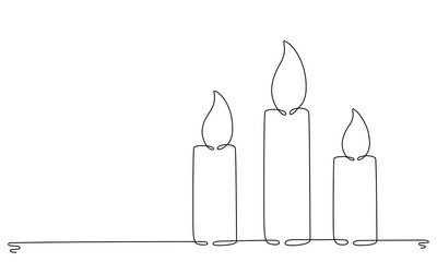 Christmas candles with burning flame. One continuous single line hand drawing art. Vector stock illustration isolated on white background for design template greeting card, invitation, editable stroke