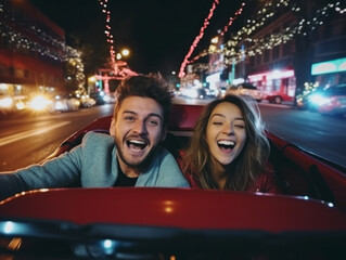 A couple in a convertible on Christmas Eve