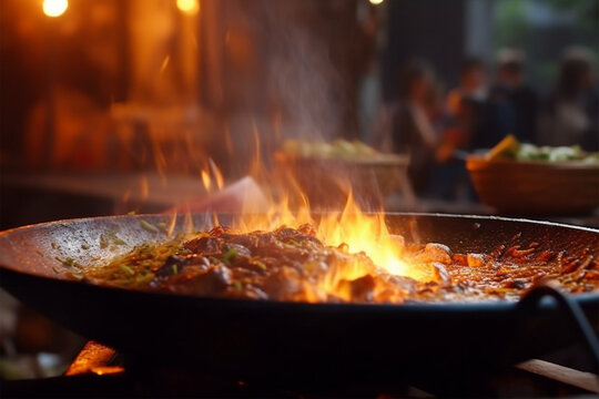 Cooking street food on a hot frying pan
