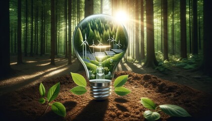 Net-Zero Sustainability Concept Idea in a Light Bulb