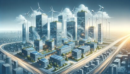 Harmony in Progress: A Gleaming Urban Vista at Dusk, Embracing Sustainability with Wind and Solar Power