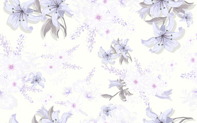 Full seamless lilium camomile floral pattern background for fabric print. Ditsy illustration. Violet lily and daisy flowers leaves vector design for women dress and textile.